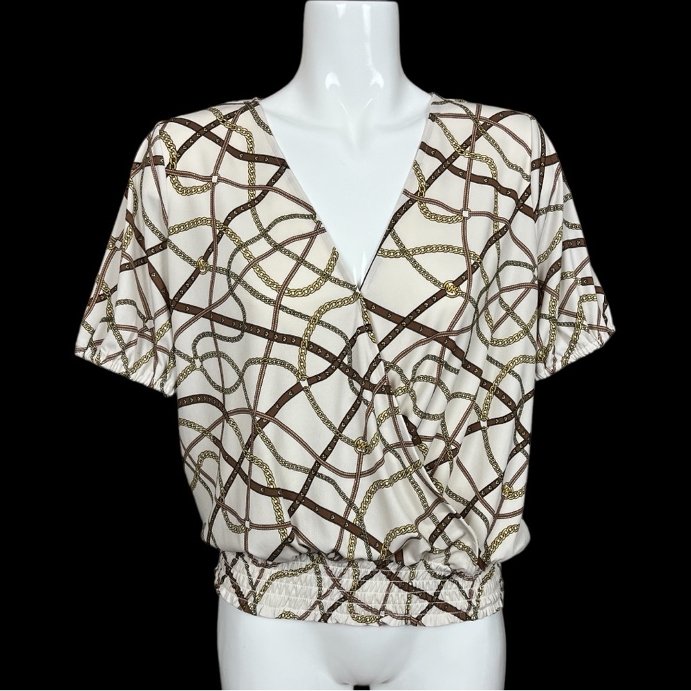 MICHAEL Michael Kors Surplice Neck MK Logo Chain Link Smocked Waist Blouse Large